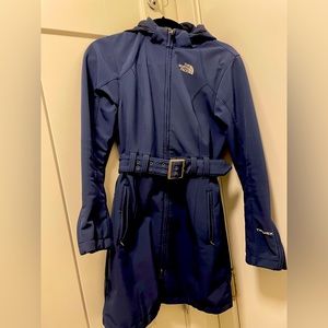 Ladies knee length blue The North Face coat with belt